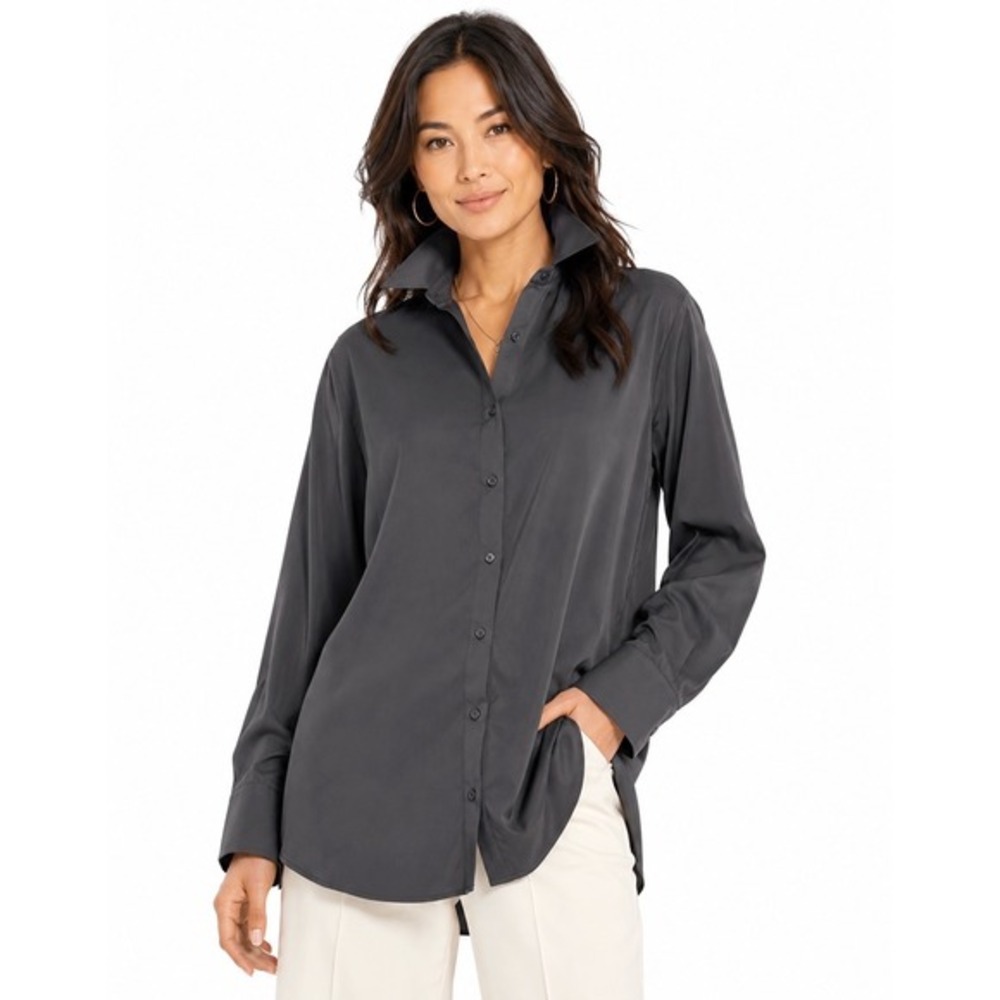H&M Gray Button Down Long Sleeve Shirt Blouse XL Solid Professional Top 80-13
